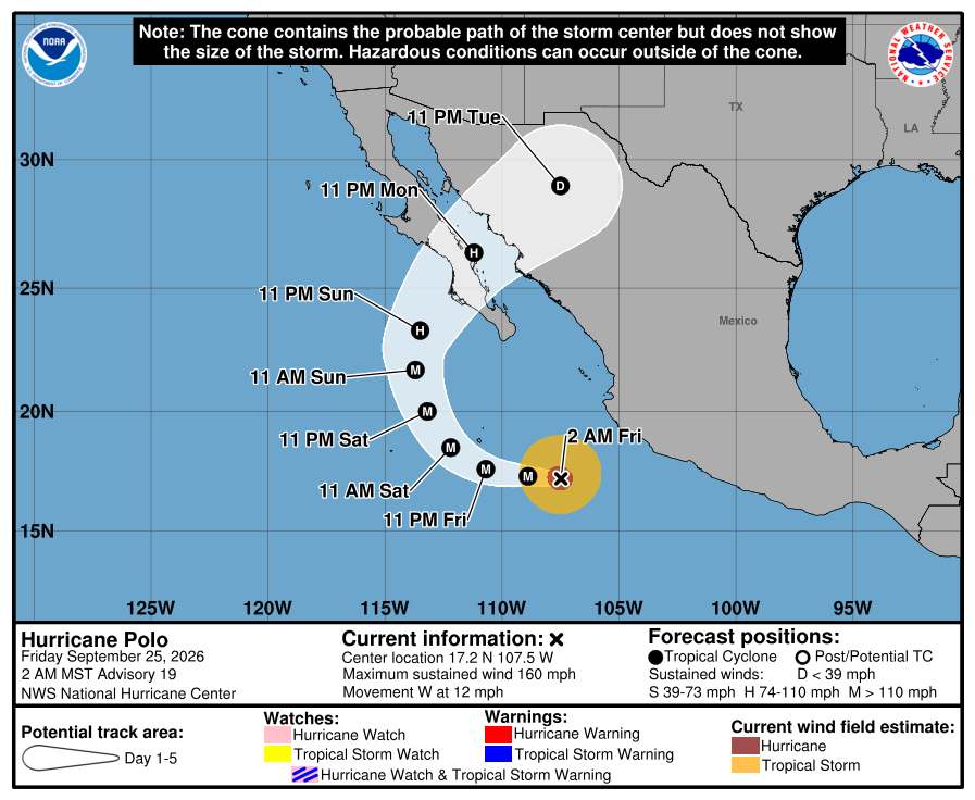 NHC forecast cone map showing Hurricane Polo's projected track off Mexico's Pacific coast toward Baja California Sur