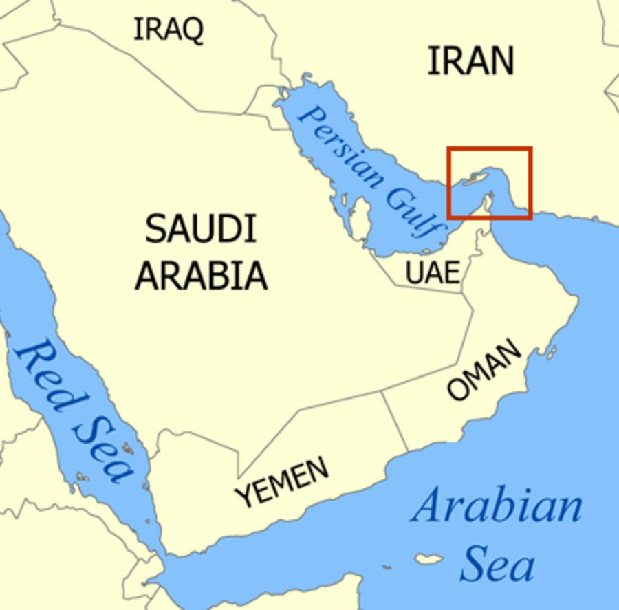 Locator map of the Strait of Hormuz between Iran and the Arabian Peninsula, connecting the Persian Gulf to the Gulf of Oman.